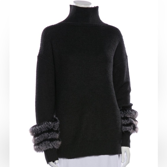 Adrienne Landau Black and Gray Cowl Neck Sweater with Fur Trim - Picture 1 of 5